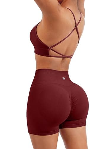 SUUKSESS Women Seamless 2 piece Workout Sets Strappy Padded Sports Bra Booty High Waisted Shorts Outfits (Wine Red,S) - Image 4