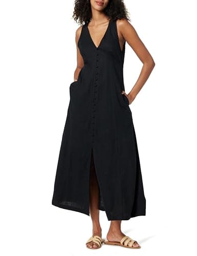 The Drop Women's Blanca Linen Button Front V-Neck Maxi Dress, Black, S - Image 1