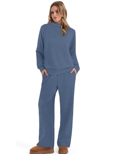 SAMPEEL Womens Fall Fashion 2025 Workout Sets for Women Lounge Sets Two Piece Outfits Casual 2 Piece Sweatsuits Sweatpants Winter Clothing Mock Neck Sweat Set Loungewear Matching Sets Dusty Blue M - Image 4