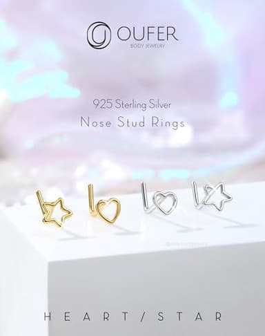 OUFER 925 Sterling Silver Gold Nose Rings, Heart Nose Studs For Women, Cute Nose Nostril Piercing Jewelry, L-Shaped 20G Nose Rings Studs-Gold Heart - Image 2