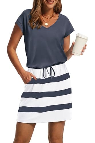 Dresses for Women 2025 Summer Dresses Loose V Neck Vacation T Shirt Tie Waist Dress Sundresses with Pockets Stiped Floral M Blue White - Image 1