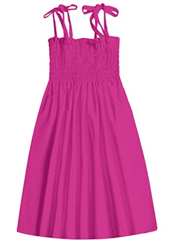 Girl's Women's Summer Spaghetti Strap Beach Dresses Hawaiian Hoilday Smocked Midi Sun Dress Ruffle Square Neck, Hot Pink, 6-7 Years = Tag 140 - Image 2