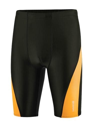 DEVOROPA Boys', Big Kid Splice Swim Jammers Youth Competitive Swim Team Suit Quick Dry Athletic Swimming Shorts UPF 50+ Black/Orange M - Image 1