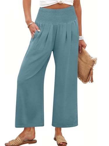 ANRABESS Womens Pants Wide Leg High Waisted Palazzo Pants Summer Flowy Beach Lounge Casual Trousers with Pockets Lake Small - Image 1