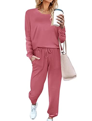 Aloodor Lounge Sets for Women Round Neck Cute Pajamas Sets Loungewear with Pocket Pink S - Image 1