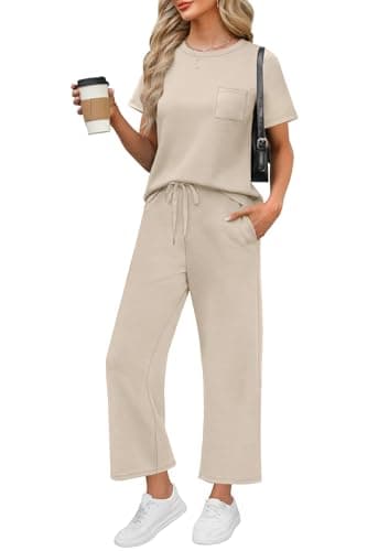 WIHOLL 2 Piece Sets for Women Summer Vacation Airport Cruise Travel Outfits for Airplane 2025 Matching Clothing Trendy Resort Wear Comfy Loungewear Petite Lounge Sets Beige L - Image 1