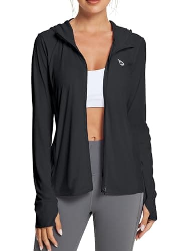 baleaf Women's SPF Jacket Sun Shirt UV Protection Hoodie Zip Up Long Sleeve Hooded Summer Clothing Running Hiking Black L - Image 1