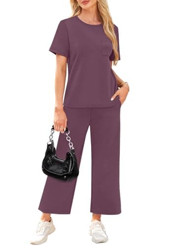 WIHOLL Beach Vacation Clothes for Women 2 Piece Travel Airport Outfits Fashion 2025 Comfy Summer Matching Sets Women Clothing Tropical Wide Leg Pants Lounge Sets Pjs Dark Purple L - Image 4
