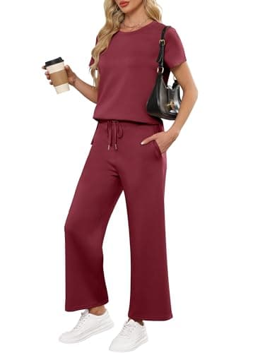 ANRABESS Women 2 Piece Lounge Sets Summer Travel Sweat Outfits Short Sleeve Wide Leg Casual Matching Tracksuits Clothes Wine Red Large - Image 1