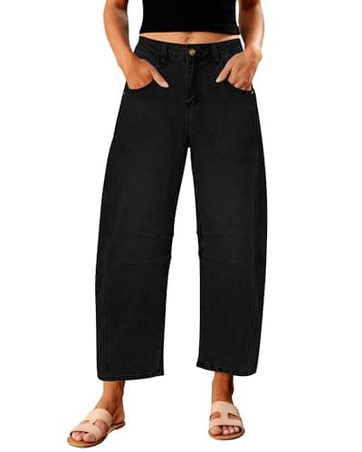 GRAPENT Barrel Jeans for Women Balloon Wide Leg Cropped Trendy Jeans Boyfriend High Waisted Jean Pants Casual Stretchy Summer Denim Trousers Color True Black X-Large Plus Size 16 to 18 - Image 1