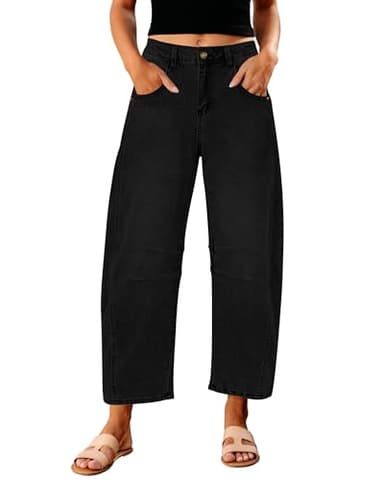 GRAPENT Barrel Jeans for Women Balloon Wide Leg Cropped Trendy Jeans Boyfriend High Waisted Jean Pants Casual Stretchy Summer Denim Trousers Color True Black X-Large Plus Size 16 to 18 - Image 1