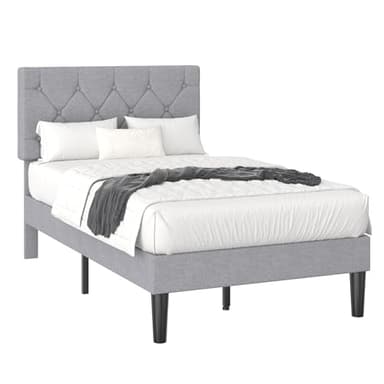 VECELO Twin Bed Frame with Button Tufted Headboard, Upholstered Platform with Wooden Slat Support, No Box Spring Needed, Grey - Image 8