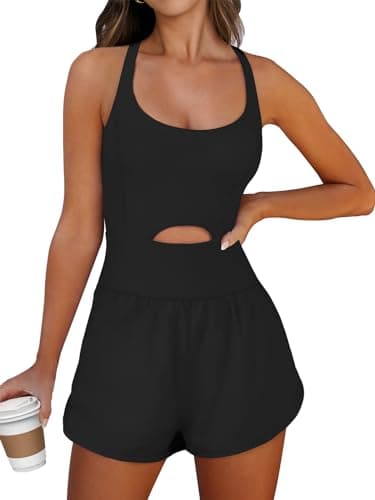 Caracilia Women's Workout Athletic Romper Summer Sets Short Jumpsuits Onesie Running Outfits Exercise Gym 2025 Trendy Clothes Black S - Image 1