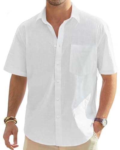 J.VER Men's Linen Shirts Casual Short Sleeve Button Down Shirt Fashion Summer Tops for Beach Vacation Wedding with Pocket White XXL Tall - Image 1