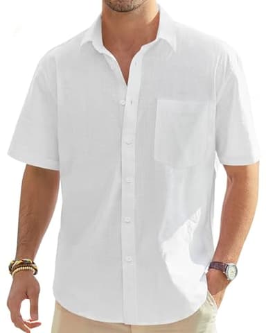 J.VER Men's Linen Shirts Casual Short Sleeve Button Down Shirt Fashion Summer Tops for Beach Vacation Wedding with Pocket White XXL Tall - Image 1