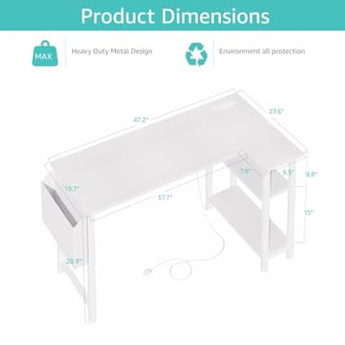 Lufeiya White L Shaped Computer Desk with Power Outlet Shelves, 47 Inch Corner Desk for Home Office Bedroom, L-Shaped Study Writing Working PC Desks, White - Image 3