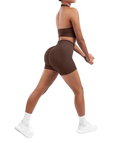 SUUKSESS Women Two Piece Seamless Ribbed Workout Sets Outfits Backless Halter Sports Bra Booty Biker Shorts (Dark Brown, M) - Image 4