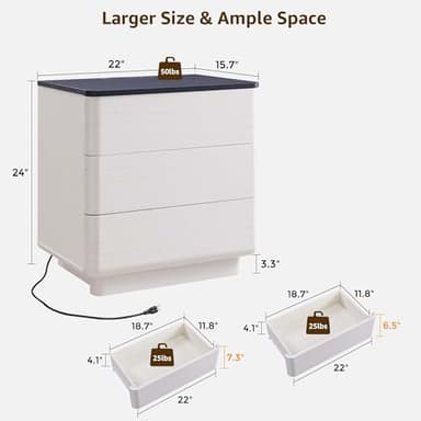 JXQTLINGMU 22" Modern Nightstand with Charging Station, Large Push-to-Open End Table, Wood Bedside Table w/Curved Profile Design, Handleless 3 Drawer Night Stand for Bedroom, Living Room, 70-Off-White - Image 2