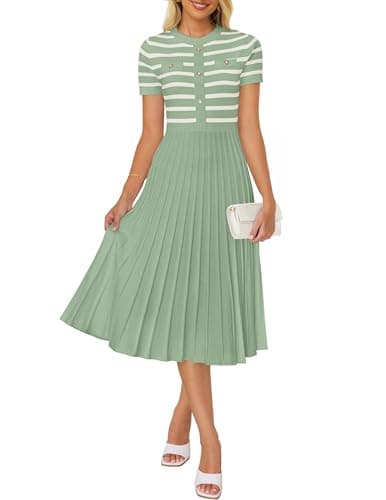 ZESICA Women's 2025 Casual Striped Midi Dress Crewneck Short Sleeve Button Ribbed Knit Swing Pleated A Line Dresses,Light Green,Large - Image 1