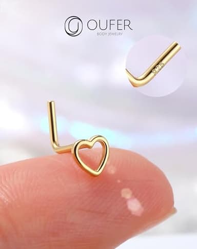 OUFER 925 Sterling Silver Gold Nose Rings, Heart Nose Studs For Women, Cute Nose Nostril Piercing Jewelry, L-Shaped 20G Nose Rings Studs-Gold Heart - Image 3
