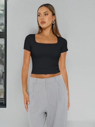 Trendy Queen Tshirts Shirts for Women Double Lined Going Out Crop Tops 2025 Spring Summer Workout Y2k Clothes Beach Fashion Black L - Image 7