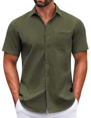 COOFANDY Mens Dress Shirts Button Down Short Sleeve Shirts Business Casual Shirt Army Green - Image 1