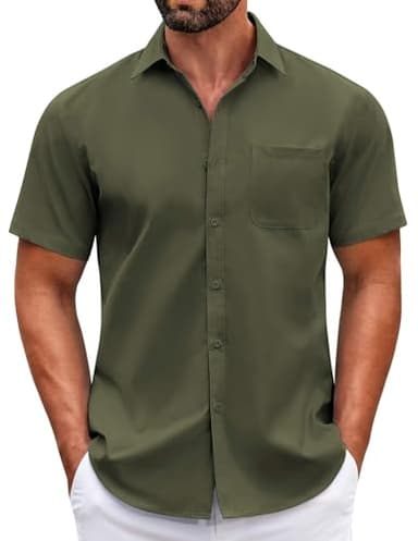 COOFANDY Mens Dress Shirts Button Down Short Sleeve Shirts Business Casual Shirt Army Green - Image 1