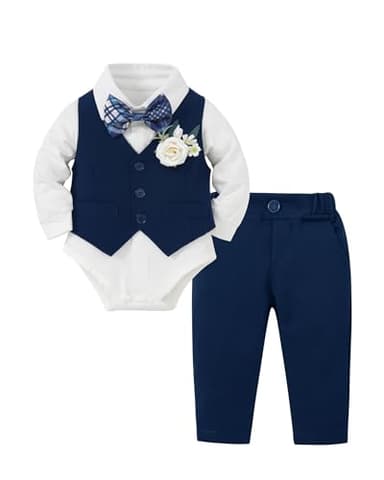 Coco&RARA Baby Boy Clothes Suits Infant Tuxedo Gentleman Outfits, Formal Dress Shirt+Vest+Corsage+tie+Pants Baby Suit Sets(Navy Blue, 12-18M) - Image 1