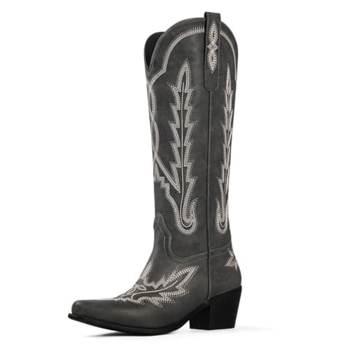 Cowboy Boots for Women Black Cowgirl Knee High Boots with Classic Embroidered Pull On Pointed Toe Chunky Heel Vintage Wedding Country Tall Western Boots Size 6 - Image 1