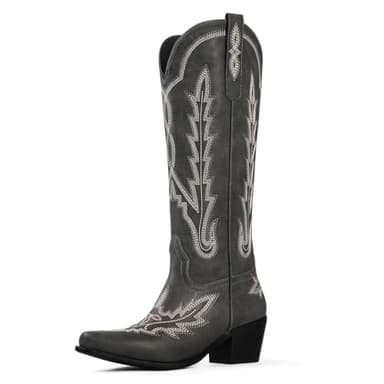Cowboy Boots for Women Black Cowgirl Knee High Boots with Classic Embroidered Pull On Pointed Toe Chunky Heel Vintage Wedding Country Tall Western Boots Size 6 - Image 1