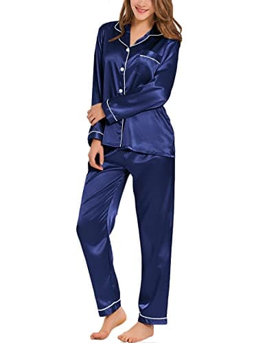SWOMOG Womens Silk Satin Pajamas Long Sleeve Loungewear Two-piece Sleepwear Button-Down Pj Set Navy Blue - Image 1