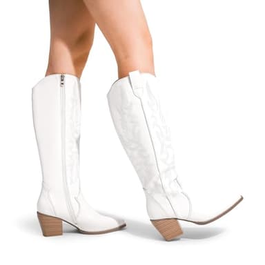DREAM PAIRS Womens Cowboy Boots Wide Calf Comfortable Pull On Zipper Chunky Heel Pointed Toe Embroidered Western Cowgirl Knee High Boots Girls Ladies Retro Tall Boot,Size 8.5,White,SDKB224W-W - Image 5