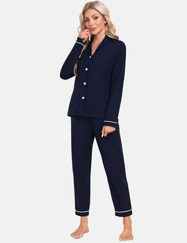 Womens Pajama Sets Long Sleeve Button Down Sleepwear 2 Piece Soft Pjs Nightwear Comfy Pj Set with Pockets Navy Blue S - Image 7