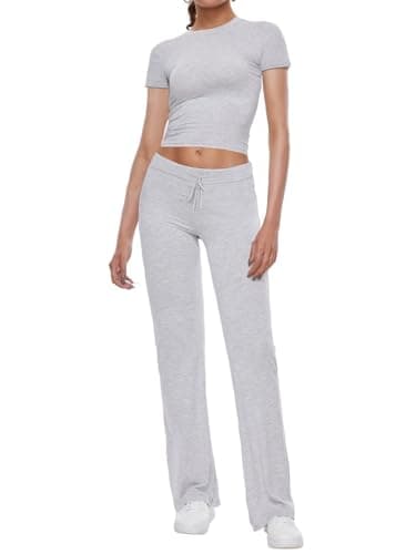 AnotherChill Women's 2 Piece Lounge Sets Straight Leg Pants Set Short Sleeve Crop T-shirt Casual Outfits Comfy Loungewear (Light-Gray, Small) - Image 1