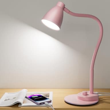 BOHON Cute Desk Lamp with USB Charging Port, Pink Lamp 3 Color Modes Dimmable LED Reading Lamp, Flexible Gooseneck Auto Dimming Table Task Light for Home Office Dorm Bedside, Pink - Image 1