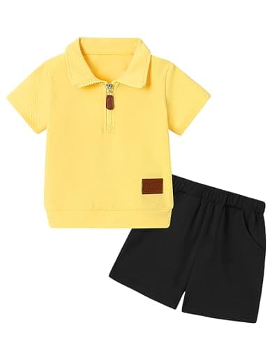 ZOEREA Toddler Baby Boy Clothes Summer Outfits Short Sleeve Solid Elastic Sweatshirt and Shorts 2 Piece Sweatsuit Set Yellow 4-5T - Image 1