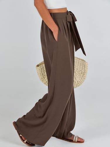 Caracilia Women Wide Leg Palazzo Pants Summer High Waist Flowy Casual Trousers Loose Lounge Beach Travel Vacation Clothes Brown Large - Image 4