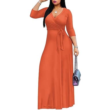 FANDEE Women's 2025 Maxi Dress - Solid Color Bohemian Summer Long Maxi Dress V-Neck 3/4 Sleeve Orange XL - Image 2