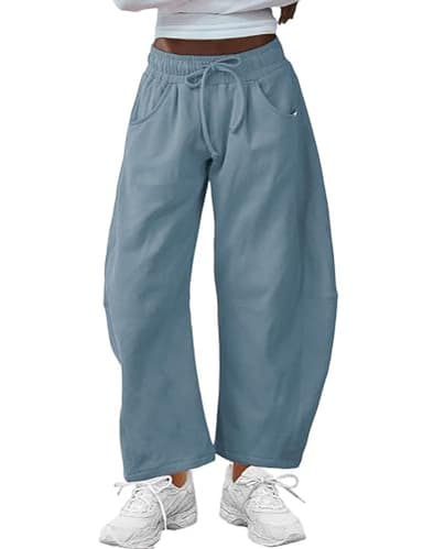 SeekMe Women's Barrel Leg Sweatpant Drawstring Elastic Waisted Wide Leg Pants Casual Cotton Palazzo Trousers with Pockets (0009-DustyBlue-S) - Image 1
