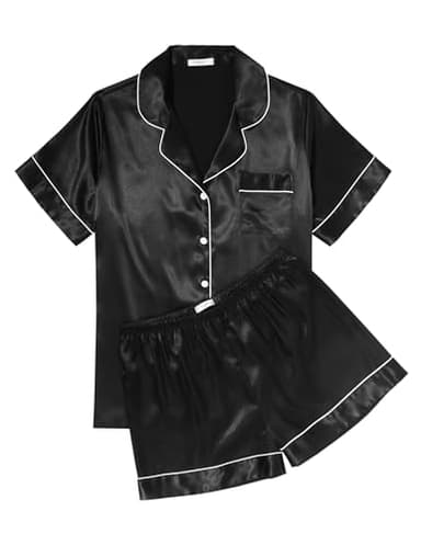 Ekouaer Pajamas for Women Set Silk Pjs Short Sleeve Button Down Sleepwear Top and Shorts Satin 2 Piece Lounge Set,Black,L - Image 1