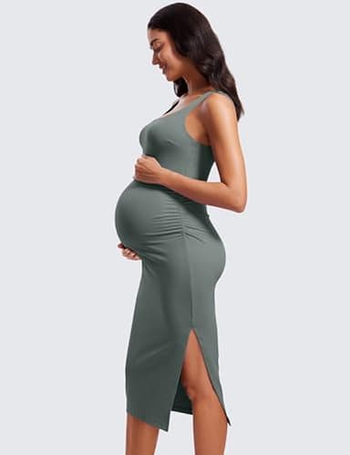 CRZ YOGA Women Butterluxe Sleeveless Tank Maternity Dress Split Ruched Pregnancy Square Neck Bodycon Casual Baby Shower Grey Sage Large - Image 3