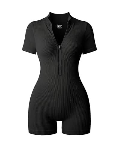 OQQ Women Rompers Ribbed Short Sleeve Zip Front Stretch Tummy Control Yoga Workout Rompers Black - Image 1