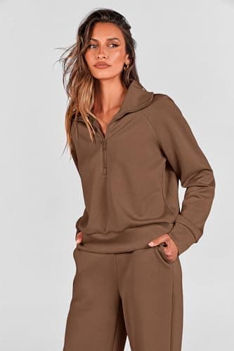 PRETTYGARDEN Womens 2 Piece Outfits Half Zip Sweatshirts And Palazza Pants Casual Fall Sweatsuits Sets (Brown,Small) - Image 3