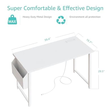 Lufeiya White Computer Desk with Power Outlet, 40 inch Simple Teen Study Table Home Office Work Writing Desks with Charging Station Outlets USB Port Built in, Storage Pocket,White - Image 3