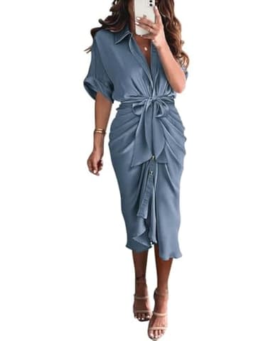 BTFBM Women Button Down Ruched Shirt Dresses Satin Short Sleeve Lapel V Neck Summer Maxi Dress 2025 Party Wedding Guest(Grey Blue, Small) - Image 1