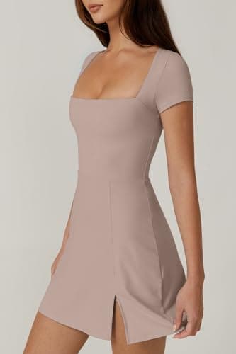 QINSEN Exercise Workout Dress for Women Square Neck Short Sleeve Flare Tennis Dress with Shorts Pockets Rose Taupe XL - Image 4
