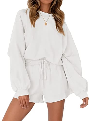 MEROKEETY Women's 2025 Fall Oversized Batwing Sleeve Lounge Sets Casual Top and Shorts 2 Piece Outfits Sweatsuit White - Image 1
