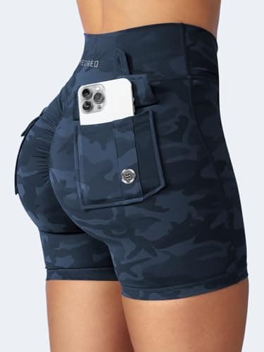YEOREO Scrunch Workout Shorts with Pockets Charm Gym Biker Shorts for Women High Waisted Booty Yoga Navy Camo - Image 3