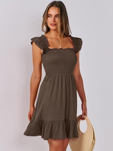 ANRABESS Women's Summer Casual Sleeveless Square Neck Dress 2025 Smocked Ruffle Backless Boho Beach Cute Teen Short Sundress Coffee Medium - Image 8