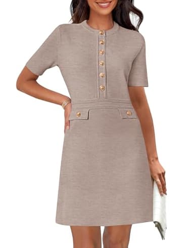 MEROKEETY Women's Knit Bodycon Sweater Dress Button Short Sleeve Crew Neck Elegant Formal Mini Dress, Cashmere, Medium - Image 1